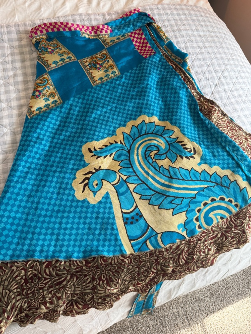 Vibrant Turquoise and Gold Darn Good Yarn Tea Length Skirt